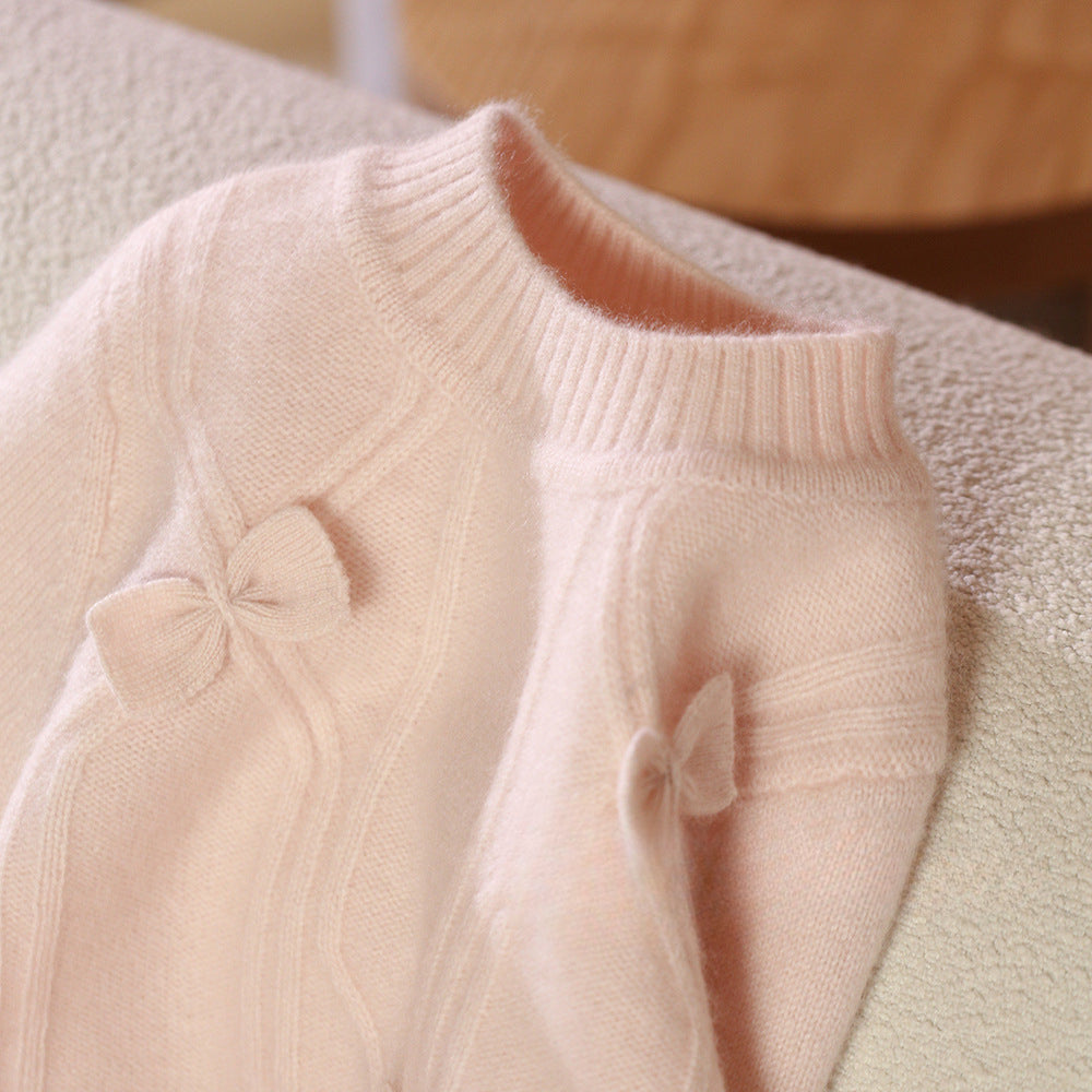 Counting sheep, sweet wind bow girl pink pullover cashmere sweater to keep warm