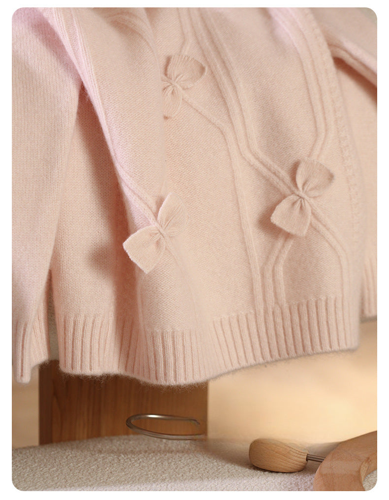 Counting sheep, sweet wind bow girl pink pullover cashmere sweater to keep warm
