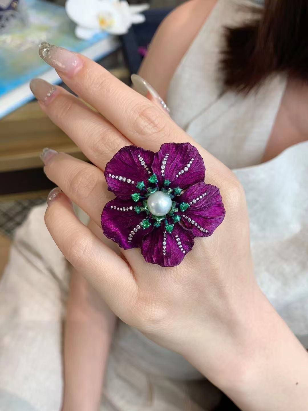 Jewelry Titanium and aluminum diamond Pearl ring