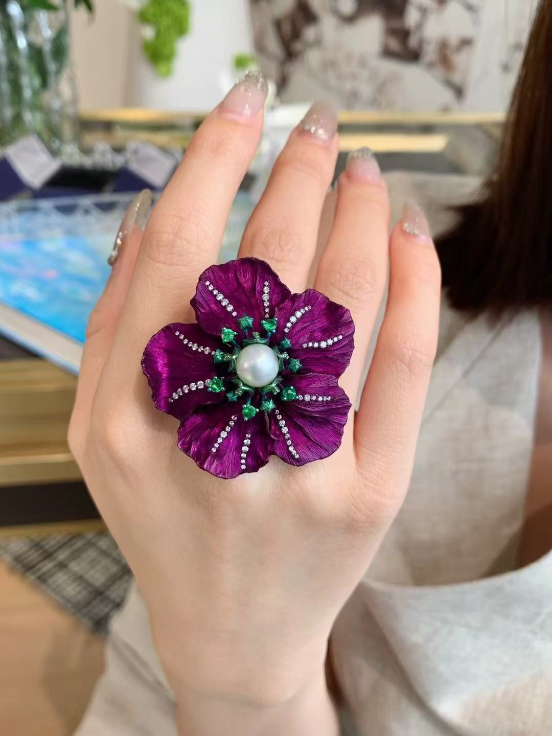 Jewelry Titanium and aluminum diamond Pearl ring