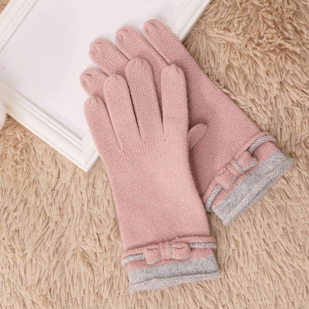Cashmere, knitted, gloves, women's warmth, solid color, bow,